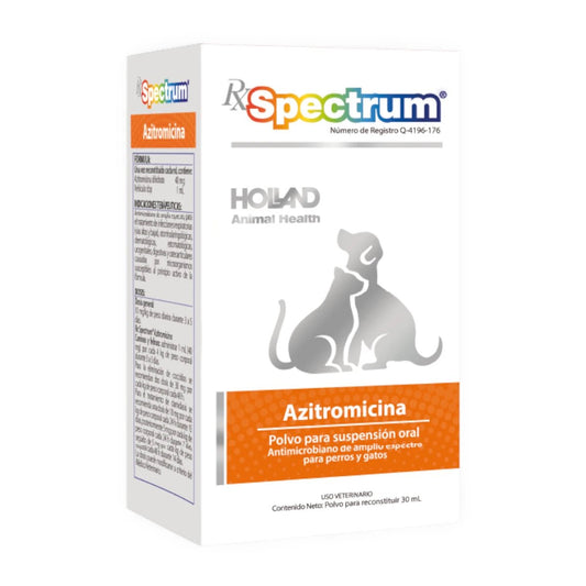 Caja  de Rx Spectrum Azitromicina del laboratorio Holland, antibiótico de amplio espectro para tratamiento veterinario en caninos y felinos.