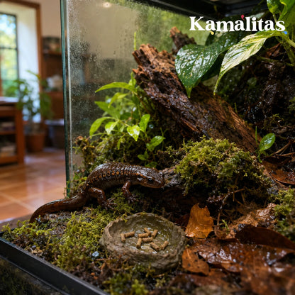 Salamandra en un terrario húmedo con musgo y troncos, alimentándose de los palitos de alta proteína Lomas Reptile Sticks en su plato de piedra.