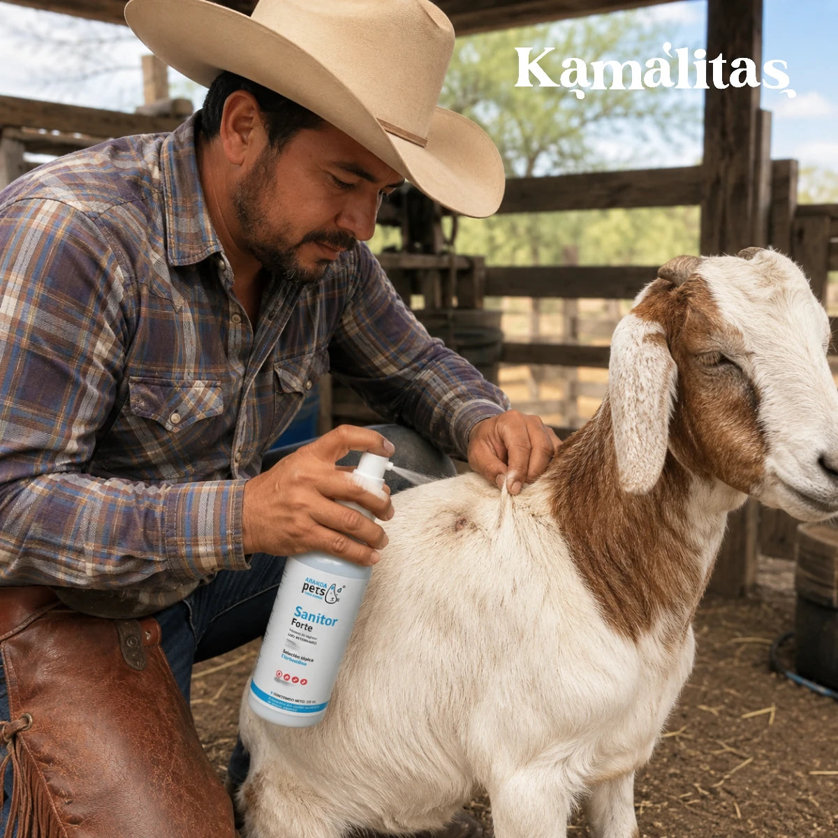 Hombre vaquero aplicando Sanitor Forte en el cuidado tópico de una herida menor en un chivo dentro de un corral.