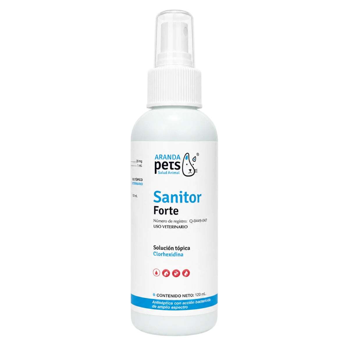 Botella de Sanitor Forte Aranda Pets en spray de 120 ml, antiséptico tópico con Clorhexidina para desinfectar heridas en mascotas o animales de granja
