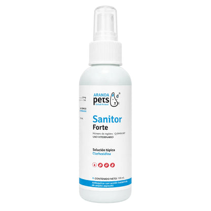 Botella de Sanitor Forte Aranda Pets en spray de 120 ml, antiséptico tópico con Clorhexidina para desinfectar heridas en mascotas o animales de granja