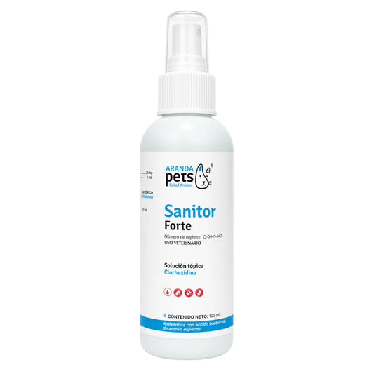 Botella de Sanitor Forte Aranda Pets en spray de 120 ml, antiséptico tópico con Clorhexidina para desinfectar heridas en mascotas o animales de granja