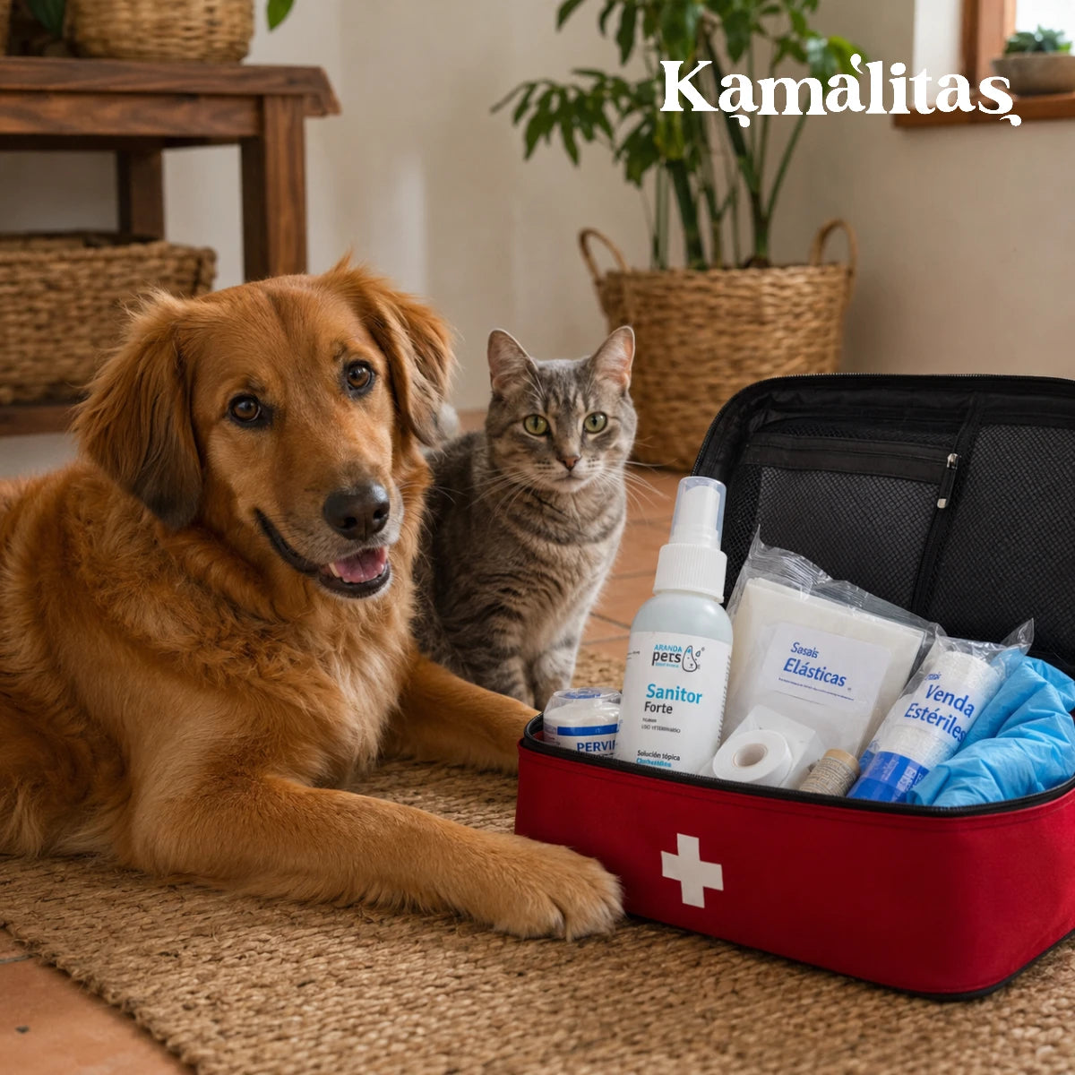 Botiquín de primeros cuidados para perros y gatos con Sanitor Forte, gasas, vendas y guantes en una casa.