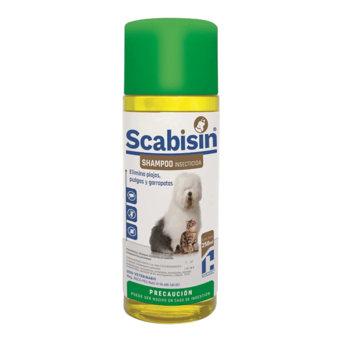 Envase de Scabisin Shampoo de 250 ml, shampoo insecticida y acaricida con permetrina para el control de pulgas y garrapatas en mascotas.