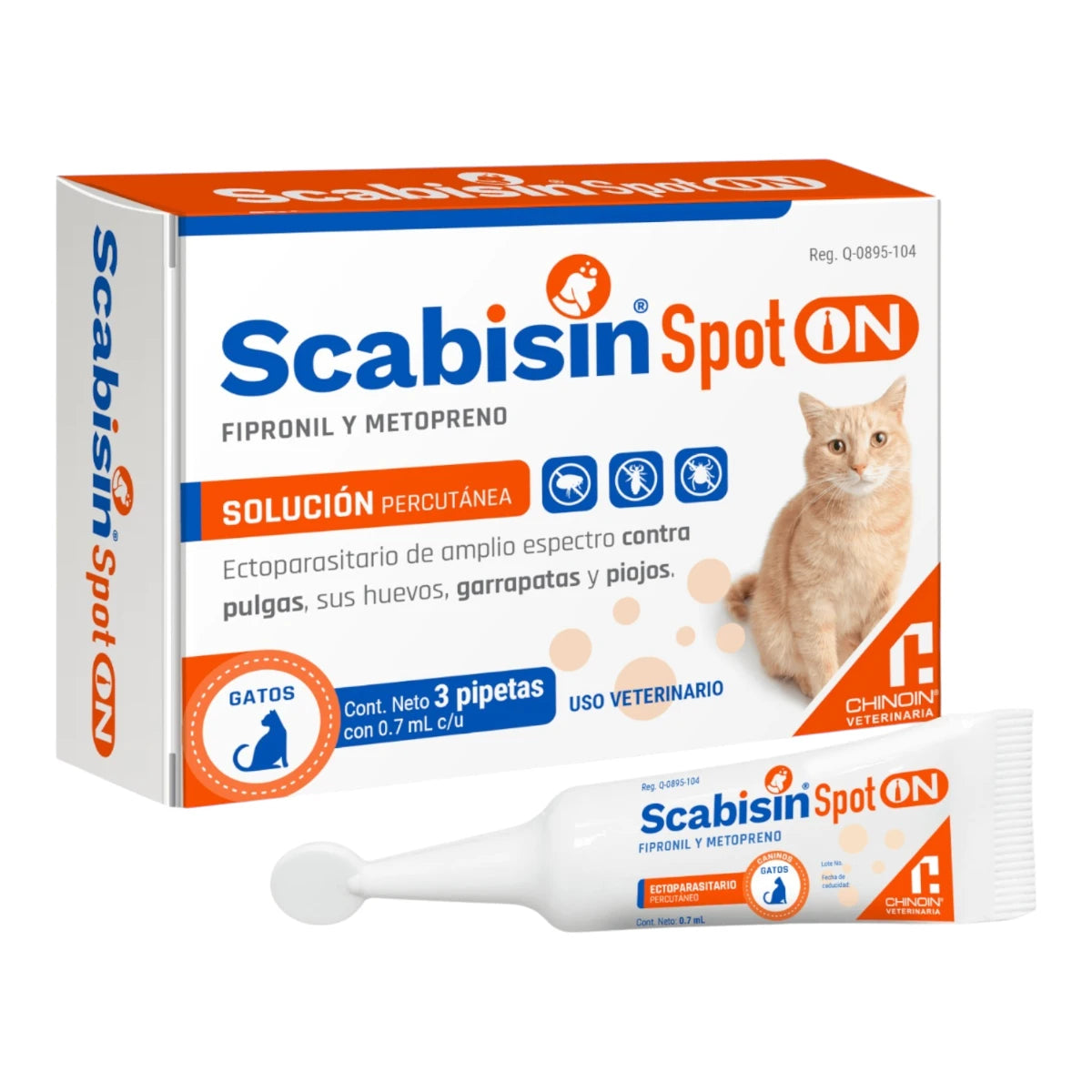Empaque de la pipeta Scabisin Spot On del laboratorio Chinoin para gatos de 2 a 10 kg, tratamiento insecticida y acaricida de aplicación cutánea.