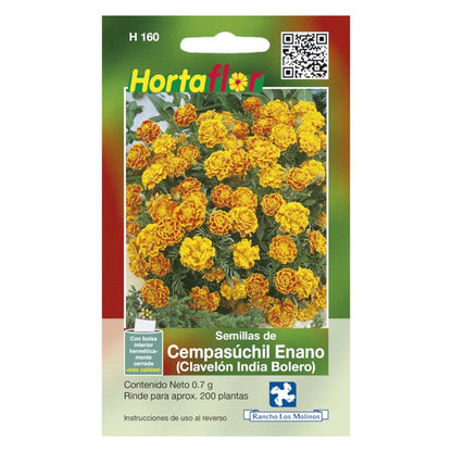 Sobre de semillas de Cempasúchil Enano variado amarillo y pardo para siembra.