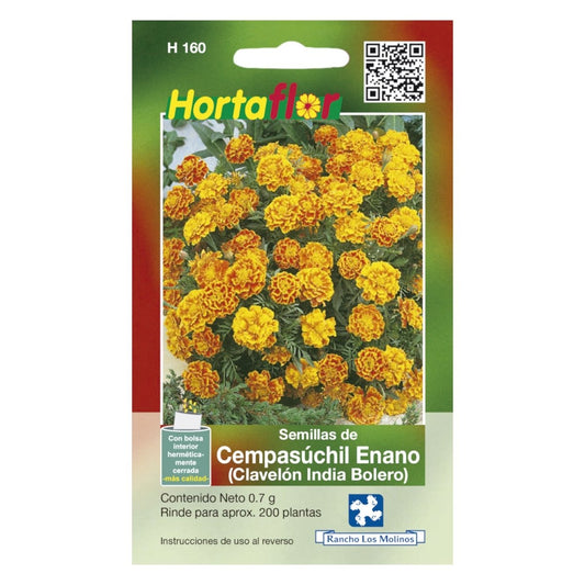Sobre de semillas de Cempasúchil Enano variado amarillo y pardo para siembra.