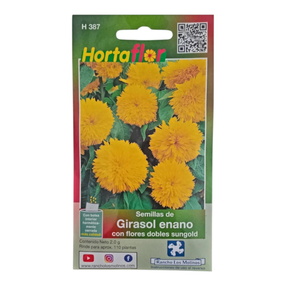 Sobre de semillas de Girasol Enano con especificaciones de germinación y pureza.