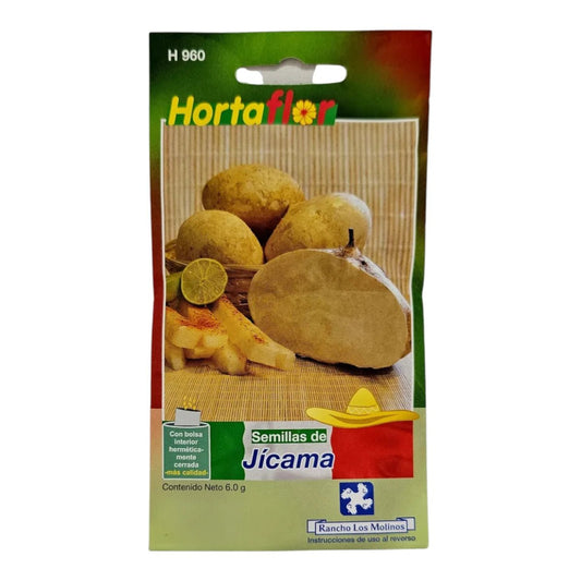 Sobre de semillas de Jícama para siembra directa en surcos de huerto.