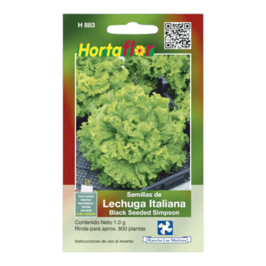 Sobre de semillas de lechuga italiana variedad Black Seeded Simpson para huerto urbano.