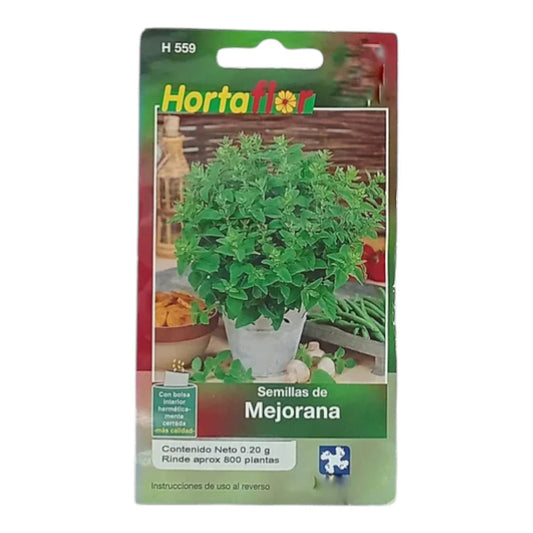 Sobre de semillas de Mejorana para siembra en huerto casero o macetas de cocina.