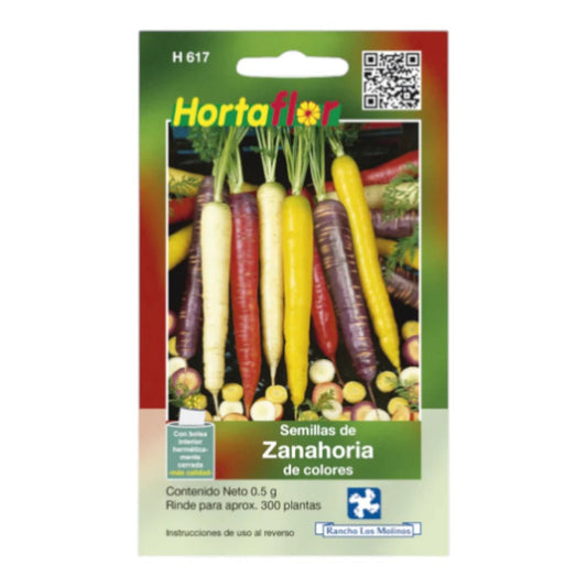 Sobre de semillas de zanahoria de colores (morada, amarilla, blanca y naranja) para siembra.