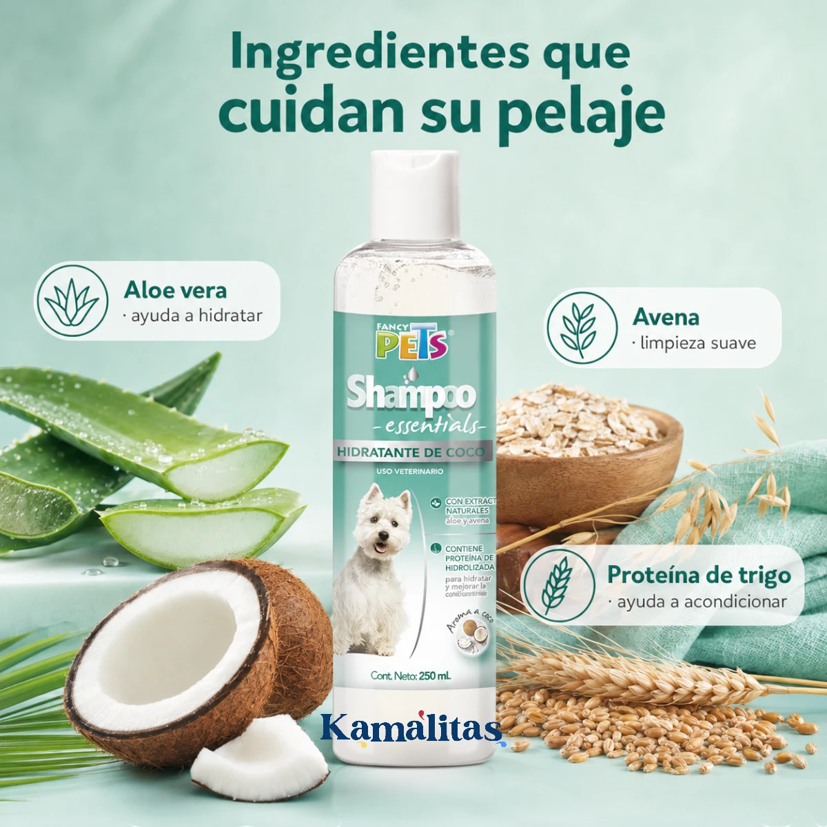 Aloe vera, avena y proteína de trigo como ingredientes del shampoo hidratante de coco para perros.