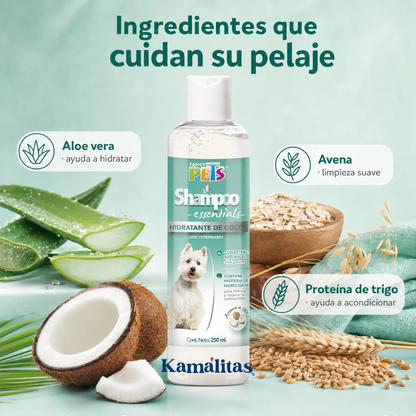 Aloe vera, avena y proteína de trigo como ingredientes del shampoo hidratante de coco para perros.