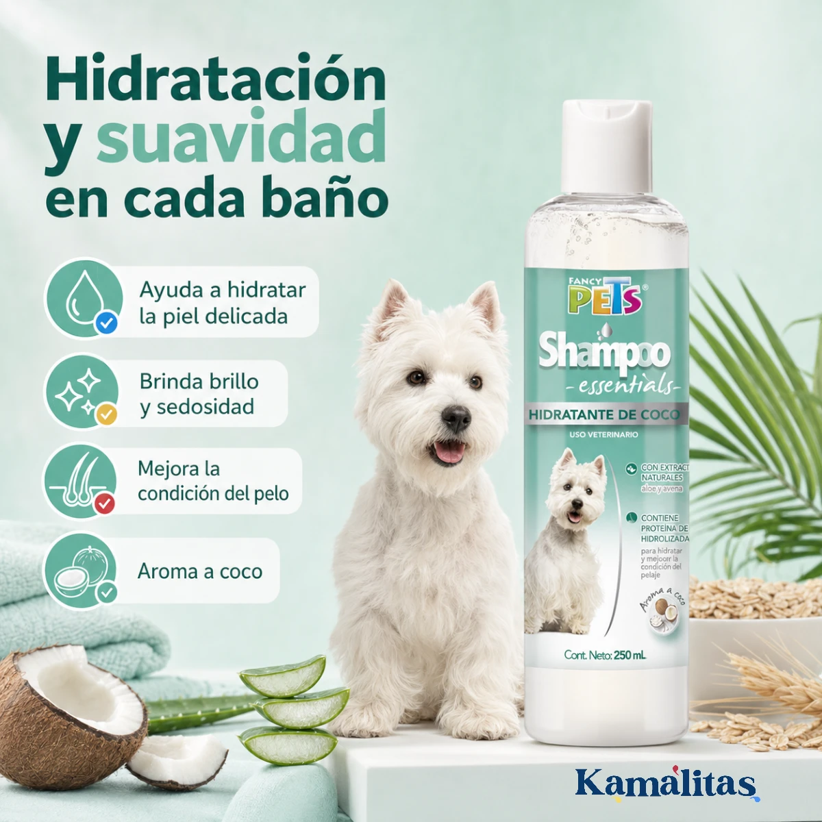 Perro de pelaje blanco junto al shampoo de coco que ayuda a hidratar y acondicionar el pelo.