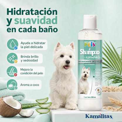 Perro de pelaje blanco junto al shampoo de coco que ayuda a hidratar y acondicionar el pelo.