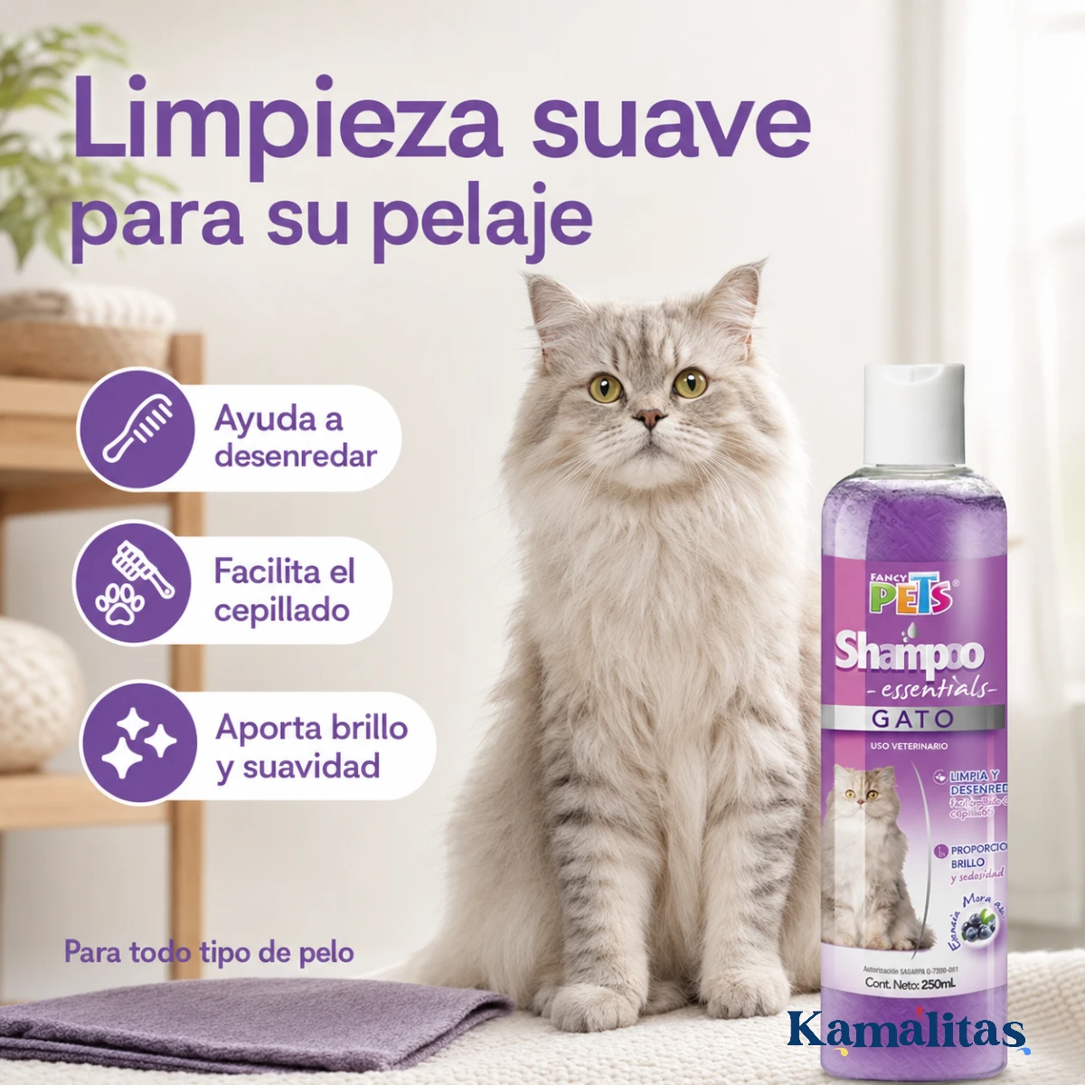 Gato de pelo brillante junto al shampoo que ayuda a limpiar, desenredar y proporcionar brillo y sedosidad.