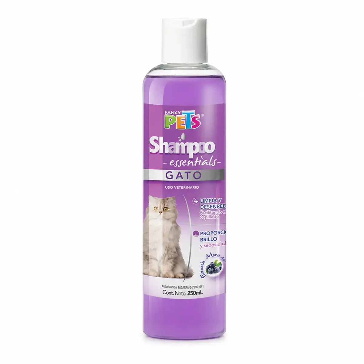 Shampoo Essentials Fancy Pets para gato de 250 ml con aroma a mora azul.
