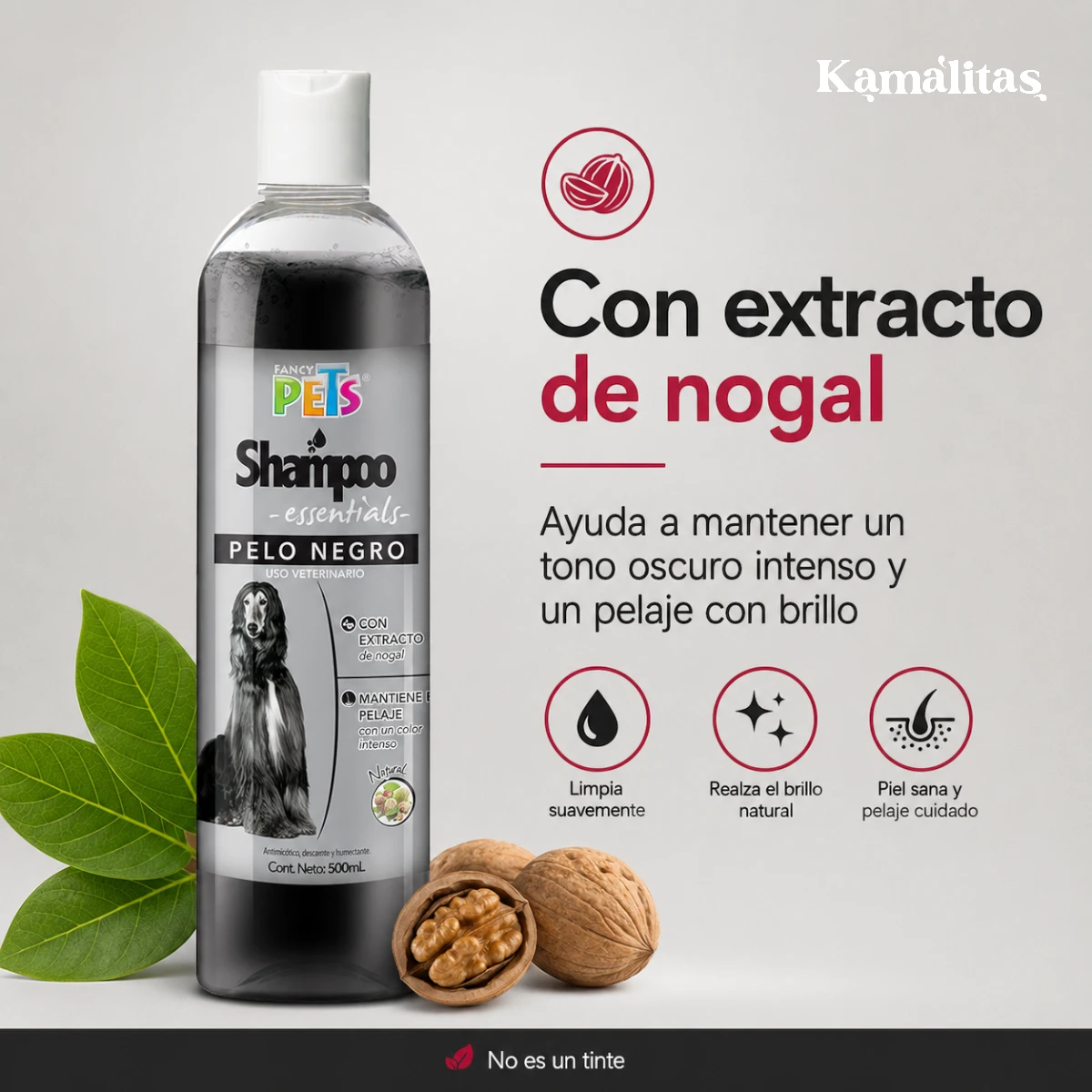 Shampoo para pelo negro formulado con extracto de nogal para cuidar el color natural del pelaje.