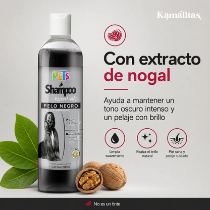 Shampoo para pelo negro formulado con extracto de nogal para cuidar el color natural del pelaje.