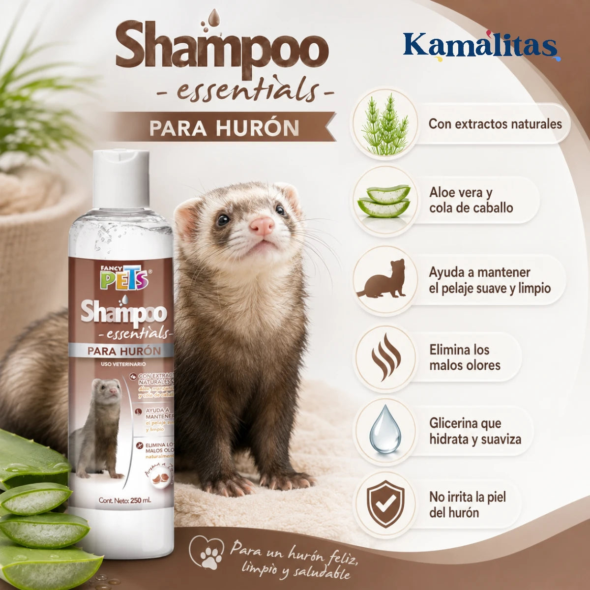 Beneficios del Shampoo para Hurón Fancy Pets de 250 ml con extractos naturales, aloe vera, cola de caballo y glicerina para un pelaje limpio, suave y con mejor aroma.