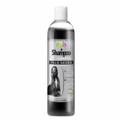 Envase de Shampoo Essentials Fancy Pets de 500 ml para perros con pelaje negro u oscuro.