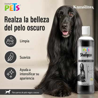 Perro de pelaje negro brillante junto al shampoo que ayuda a mantener un color intenso.