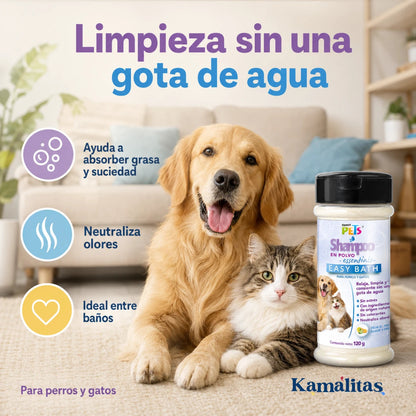 Perro y gato junto al shampoo en polvo que ayuda a limpiar, relajar y neutralizar olores sin utilizar agua.