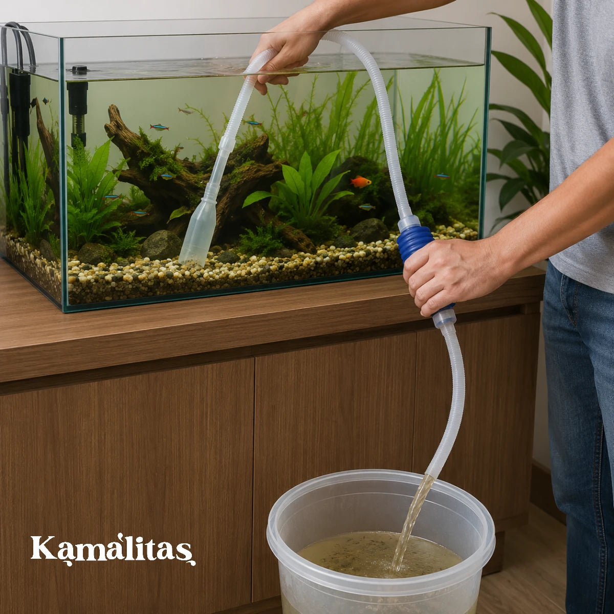 Persona usando sifón manual con bomba Acuario Lomas en acuario plantado, ideal para retirar desechos del sustrato sin levantar piedras pequeñas.