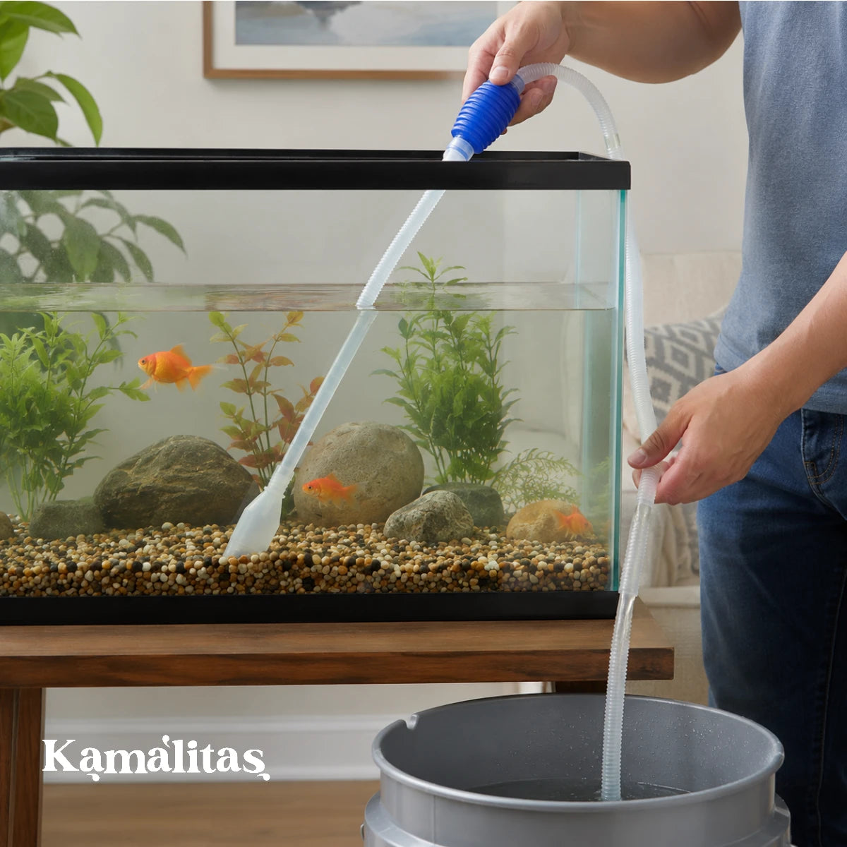 Sifón manual Acuario Lomas realizando recambio de agua en acuario con peces, ideal para mantenimiento regular y limpieza de residuos del sustrato.