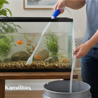 Sifón manual Acuario Lomas realizando recambio de agua en acuario con peces, ideal para mantenimiento regular y limpieza de residuos del sustrato.