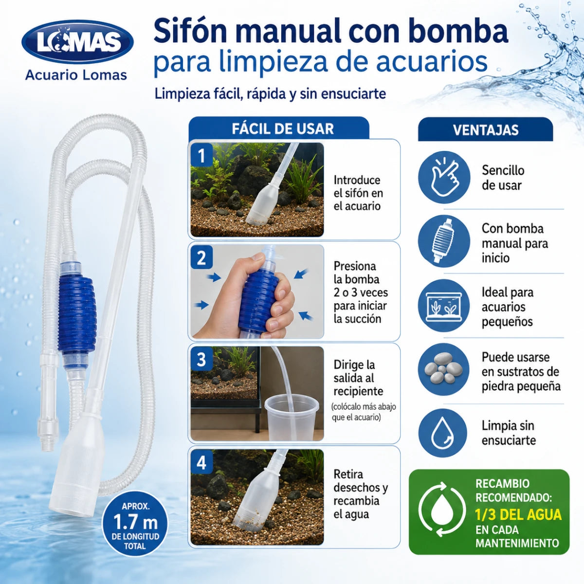 Infografía de uso del sifón manual con bomba Acuario Lomas para limpieza de acuarios, ideal para retirar desechos del fondo y realizar recambios parciales de agua.
