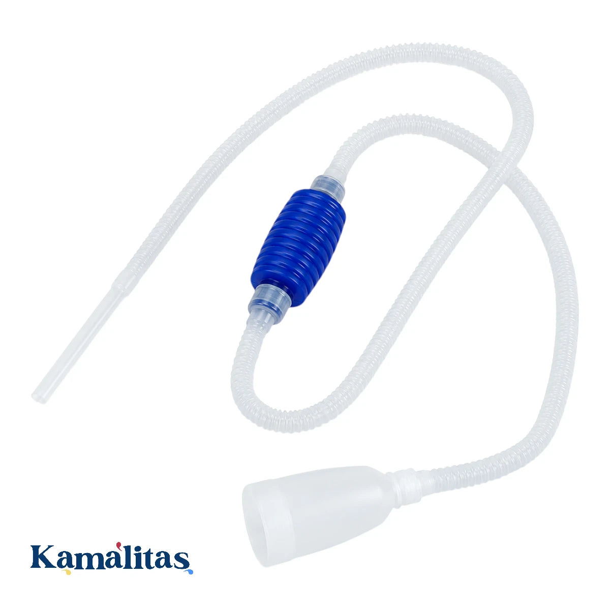 Sifón manual Lomas de una con longitud de uno punto siete metros, mostrando la manguera con bomba de goma azul y pieza de filtro para evitar levantar piedras, en Kamalitas.