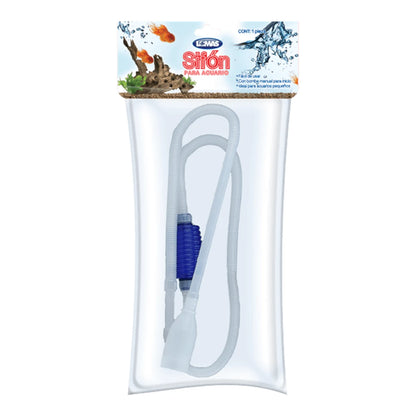 Empaque original del Sifón para Acuario de la marca Lomas, accesorio de limpieza fácil con bomba manual para peceras pequeñas, en Kamalitas