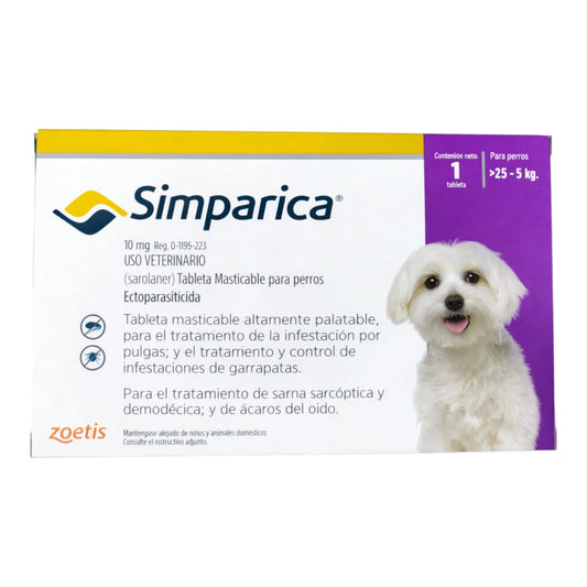Caja de Simparica para perros de 2 a 5 kg, tableta masticable de 10 mg de sarolaner para el control de pulgas y garrapatas.