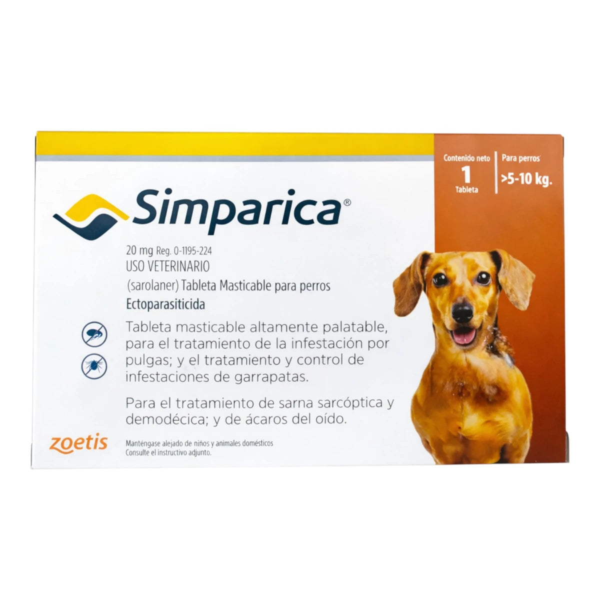 Presentación de Simparica para perros de 5 a 10 kg, tableta masticable saborizada de 20 mg para desparasitación externa.