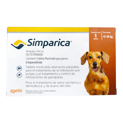 Presentación de Simparica para perros de 5 a 10 kg, tableta masticable saborizada de 20 mg para desparasitación externa.