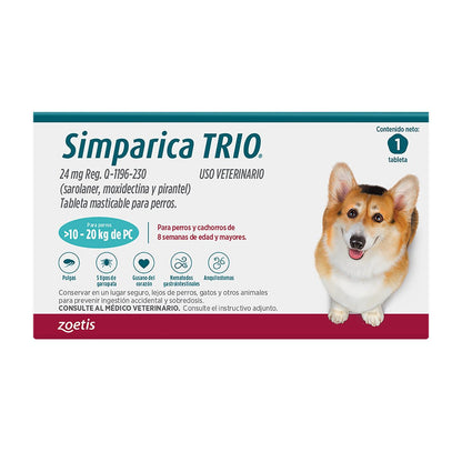 Caja original de Simparica TRIO del laboratorio Zoetis para perros de 10-20kg, tableta masticable mensual contra pulgas, garrapatas y parásitos.