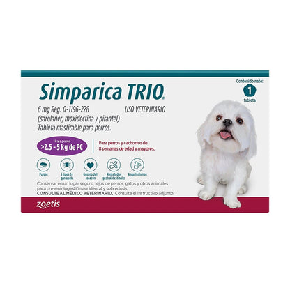 Caja original de Simparica TRIO del laboratorio Zoetis para perros de de 2.5 a 5kg, tableta masticable mensual contra pulgas, garrapatas y parásitos.