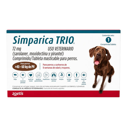 Caja original de Simparica TRIO del laboratorio Zoetis para perros de 40-60kg, tableta masticable mensual contra pulgas, garrapatas y parásitos.
