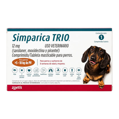 Caja original de Simparica TRIO del laboratorio Zoetis para perros de 5-10kg, tableta masticable mensual contra pulgas, garrapatas y parásitos.