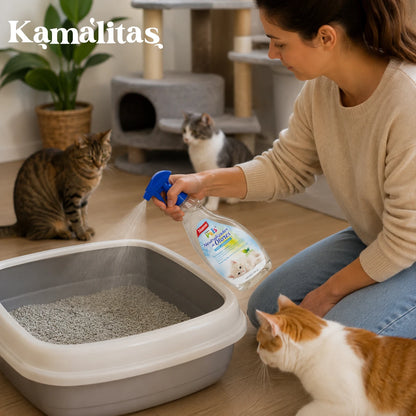 Vista de una persona rociando el neutralizador Fancy Pets en un arenero abierto en un espacio con múltiples gatos, demostrando su efectividad instantánea para mantener el ambiente fresco, en Kamalitas.