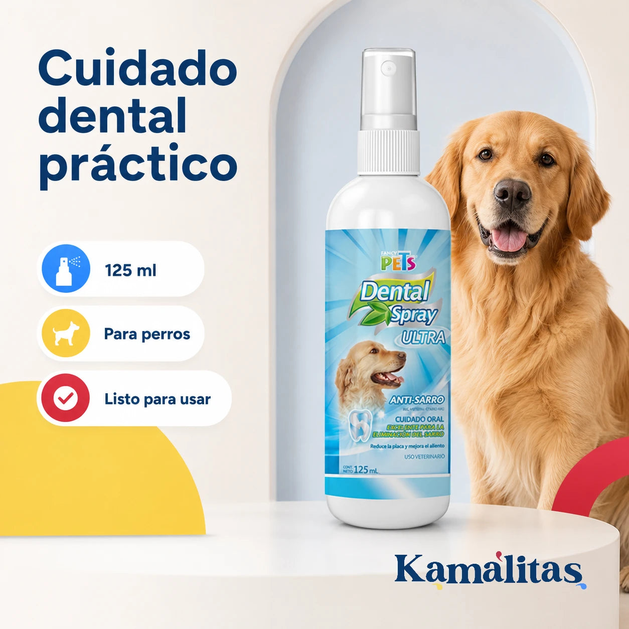 Spray Dental Ultra Fancy Pets de 125 ml listo para usar en la rutina de cuidado dental de los perros.