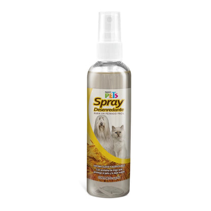 Envase transparente de 125 mililitros de la solución desenredante en spray Fancy Pets con atomizador, ideal para lograr un peinado fácil y con suave aroma en perros y gatos, en Kamalitas.