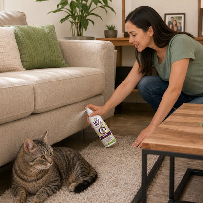 plicación en interiores del repelente Get Out! de Fancy Pets en la base texturizada de un sillón de sala cerca de una alfombra donde se encuentra un gato recostado, mostrando su uso seguro en textiles, en Kamalitas.
