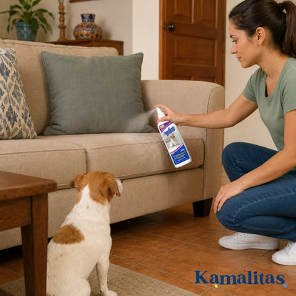 Aplicación directa del spray repelente para interiores sobre el costado de un sillón de tela beige para educar al perro y evitar que se suba, muerda o ensucie los muebles de la sala, en Kamalitas.