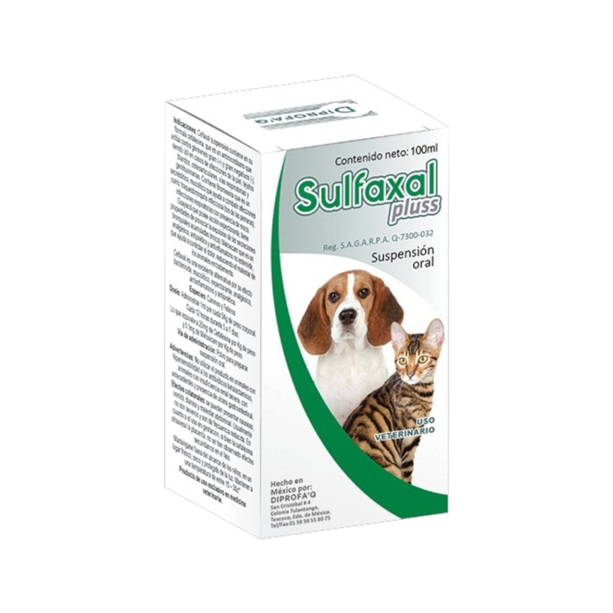 Caja de Sulfaxal Pluss 60mL para perros y gatos, tratamiento oral antidiarreico y antimicrobiano.