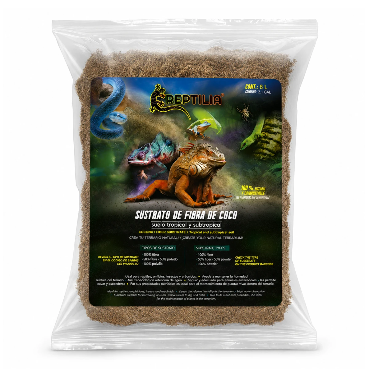 Bolsa de sustrato de coco Reptilia de 8 litros con 50% fibra y 50% polvillo para terrarios.