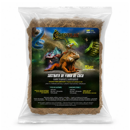 Bolsa de sustrato de coco Reptilia de 8 litros con 50% fibra y 50% polvillo para terrarios.