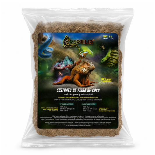 Bolsa de sustrato de coco Reptilia de 8 litros con 50% fibra y 50% polvillo para terrarios.